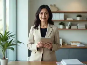 ที่ปรึกษาหญิงสูทสีเบจในออฟฟิศเพื่อให้คำปรึกษา กลุ่มผู้เหมาะยื่นวีซ่า Non-O สื่อถึงผู้เชี่ยวชาญแนะนำ,work permit,รับทำ work permit,รับทำใบอนุญาตทำงาน,ใบอนุญาตทำงาน